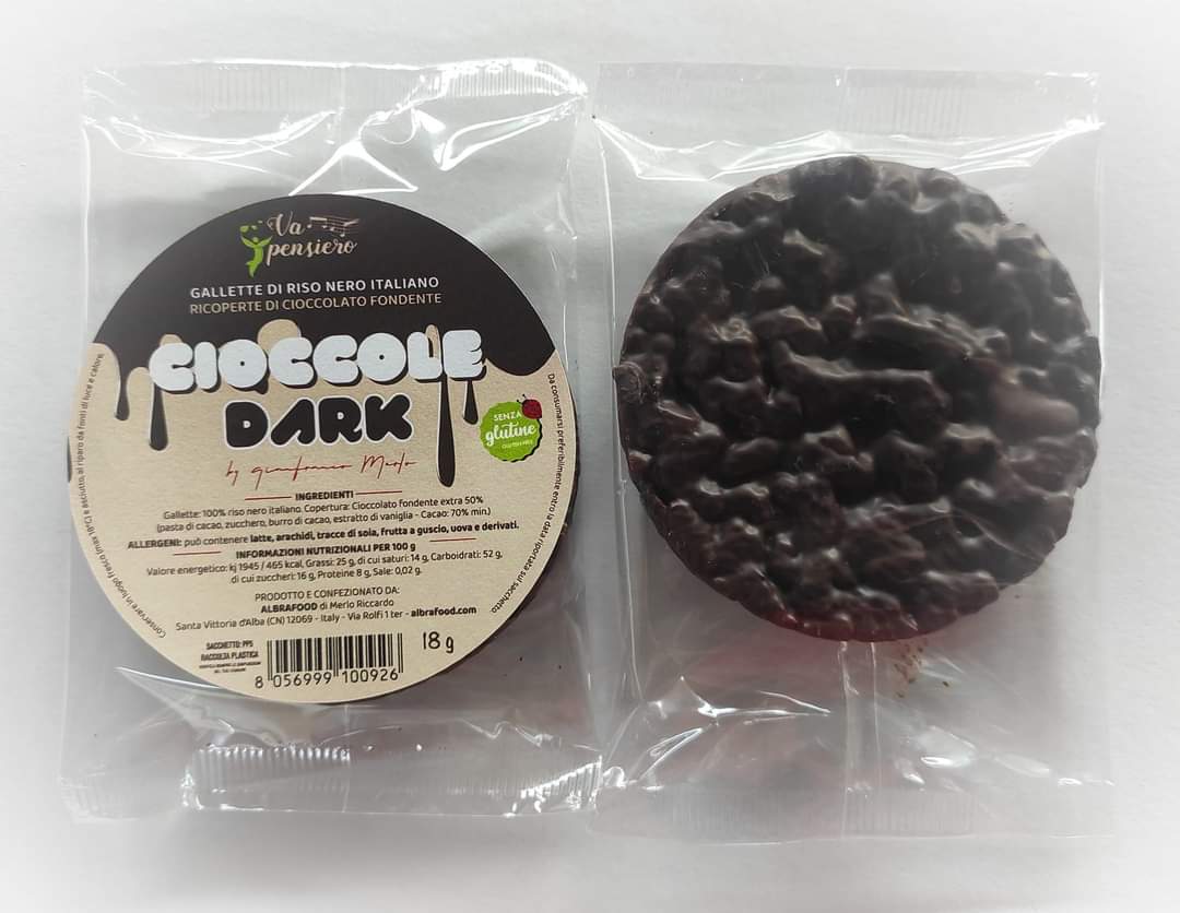 Cioccole Dark - Galletta di Riso Nero Italiano ricoperta di Cioccolato Fondente.