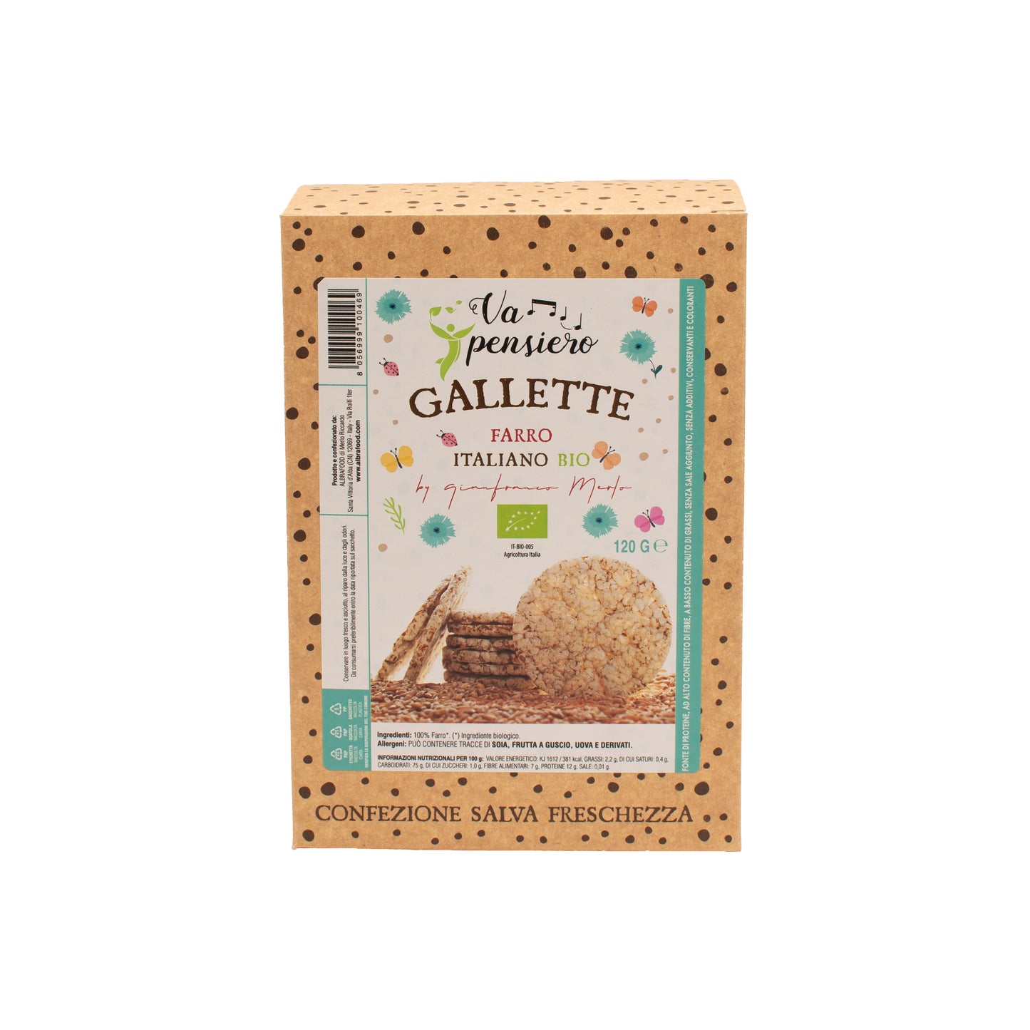 Gallette di farro italiano bio da 120g. Prodotto biologico, agricoltura Italia.